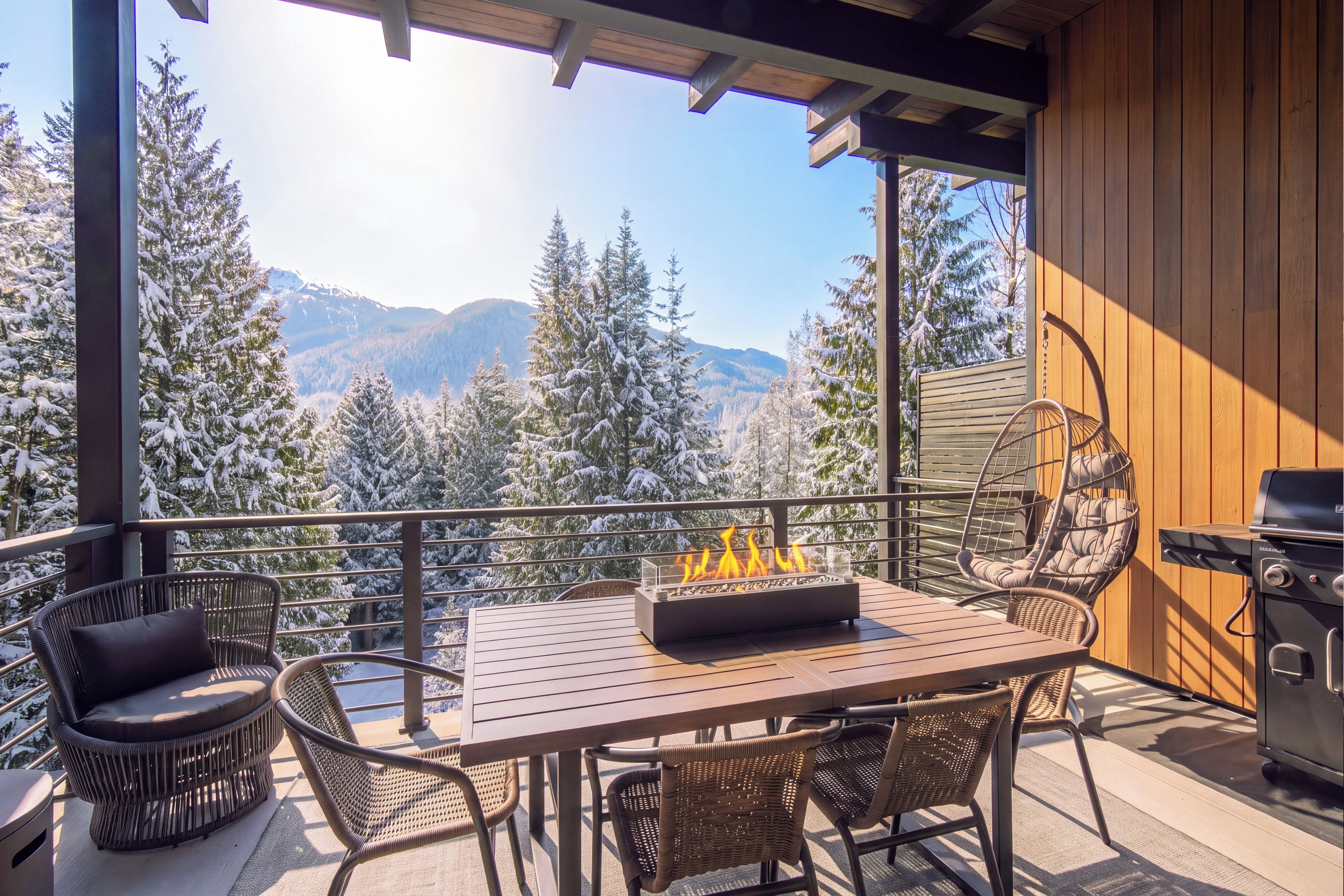 A balcony with a table, chairs, a fire pit, and a grill.
