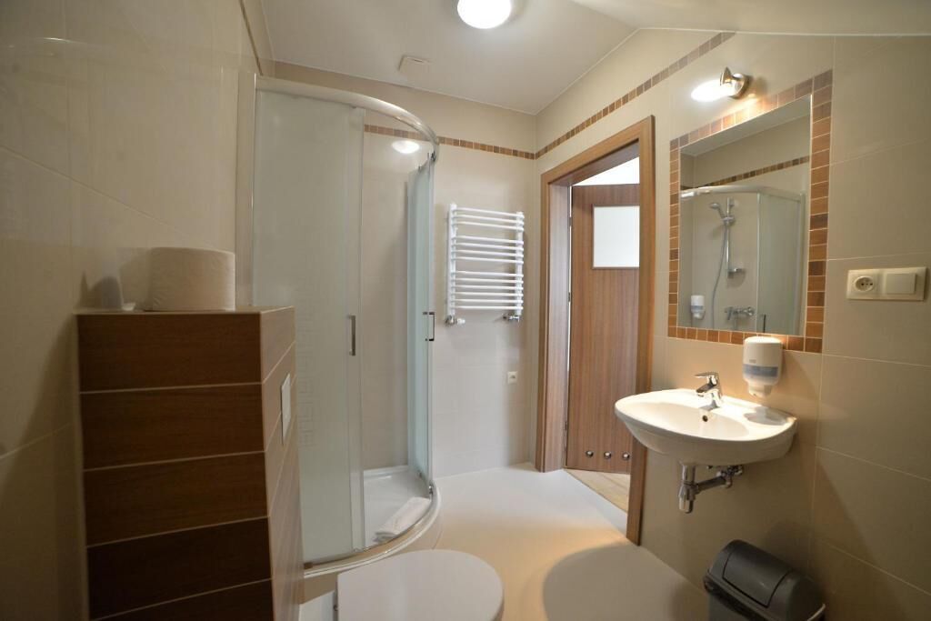 A bathroom with a glass-enclosed shower, a toilet, a sink, and a mirror.