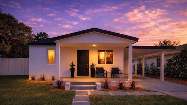 A modern house with a covered porch, a front door, and a small seating area. - Close to Wynwood, Midtown, Downtown & Beaches (Miami)