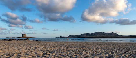 Una playa con una estructura que parece un castillo al fondo, cielo despejado y aguas tranquilas.