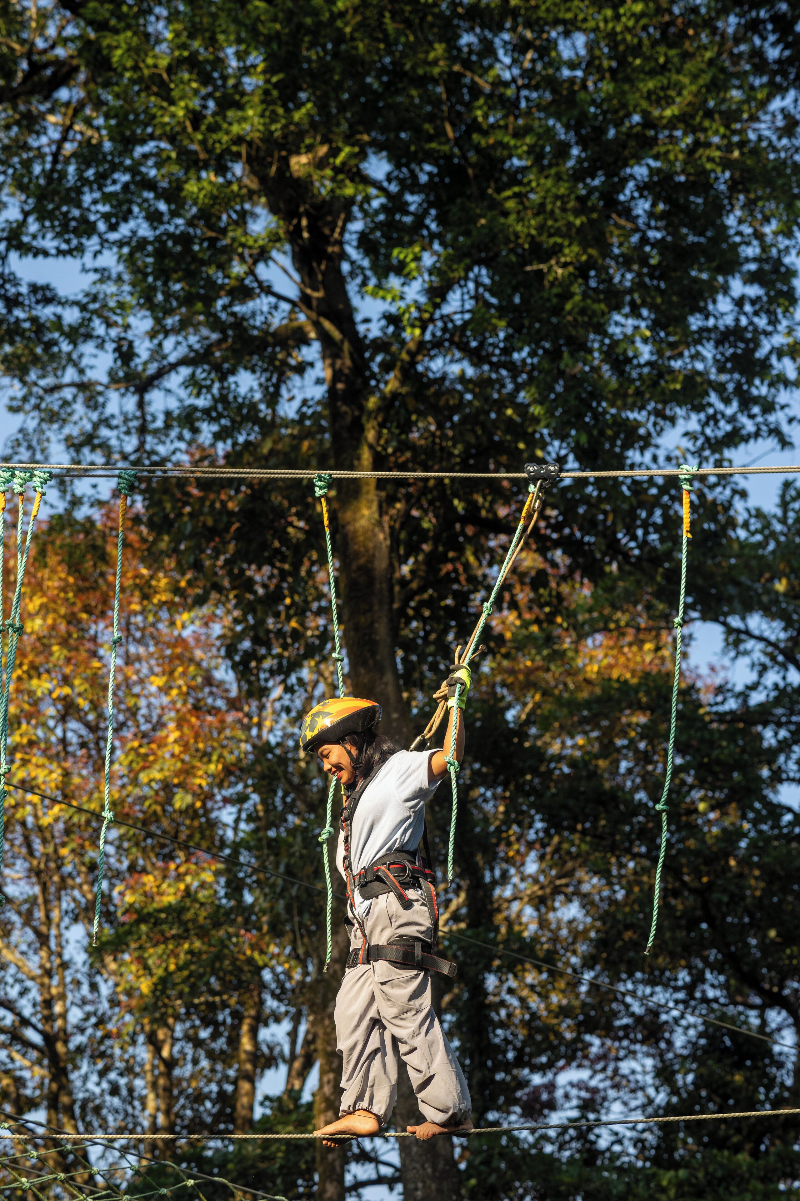 Una persona su un percorso di tirolese, dotata di imbracatura di sicurezza e casco, immersa tra gli alberi.