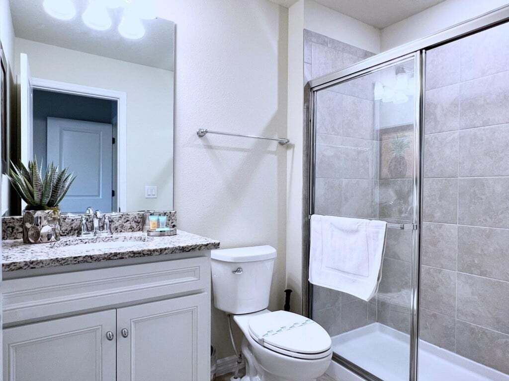 A bathroom with a glass shower enclosure, a white toilet, and a granite countertop with a mirror above it.