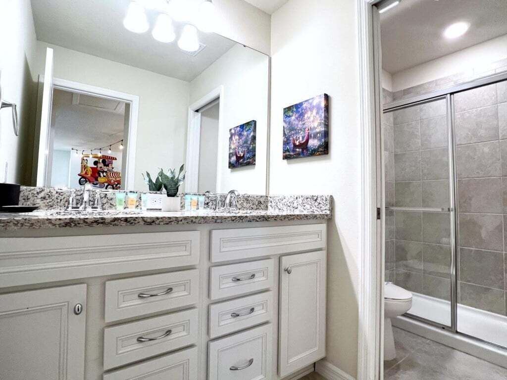 A bathroom with a granite countertop, white cabinetry, a large mirror, and a shower area.