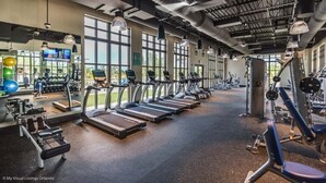 Une salle de sport équipée de tapis de course, d’appareils de musculation et de ballons d’exercice.