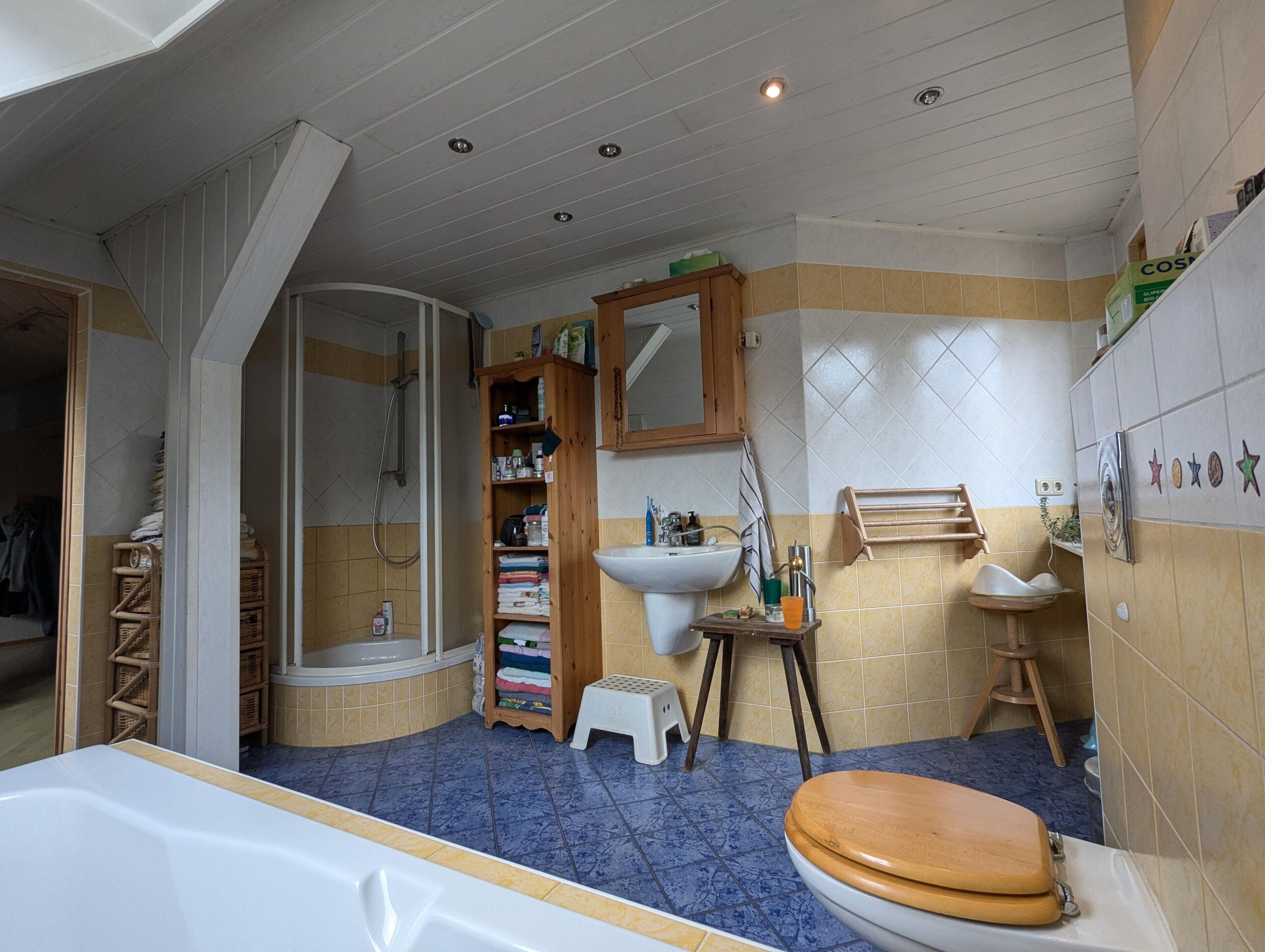 Een badkamer met een bad, toilet, wastafel en douche.