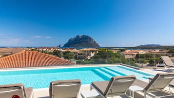 Seasonal outdoor pool, pool umbrellas, pool loungers