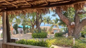A covered outdoor area with a stone wall, palm trees, and a view of a road and buildings in the distance. - Villa Maroloko (Ifaty)