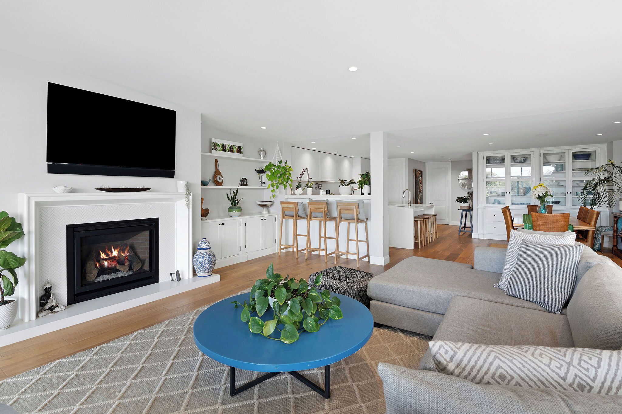 TV, fireplace, books