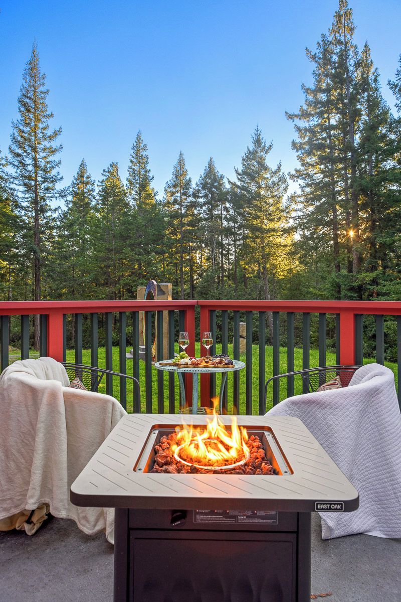 Eine Terrasse mit Feuerstelle, Sitzgelegenheiten im Freien und Blick auf einen Wald.