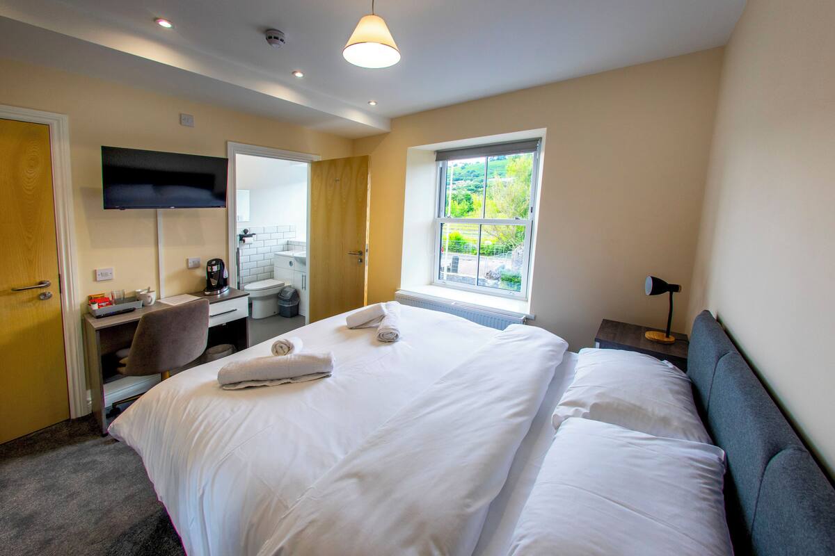 A hotel room with a bed, a desk, a chair, a TV mounted on the wall, a window with a view of greenery, and a lamp on a bedside table.