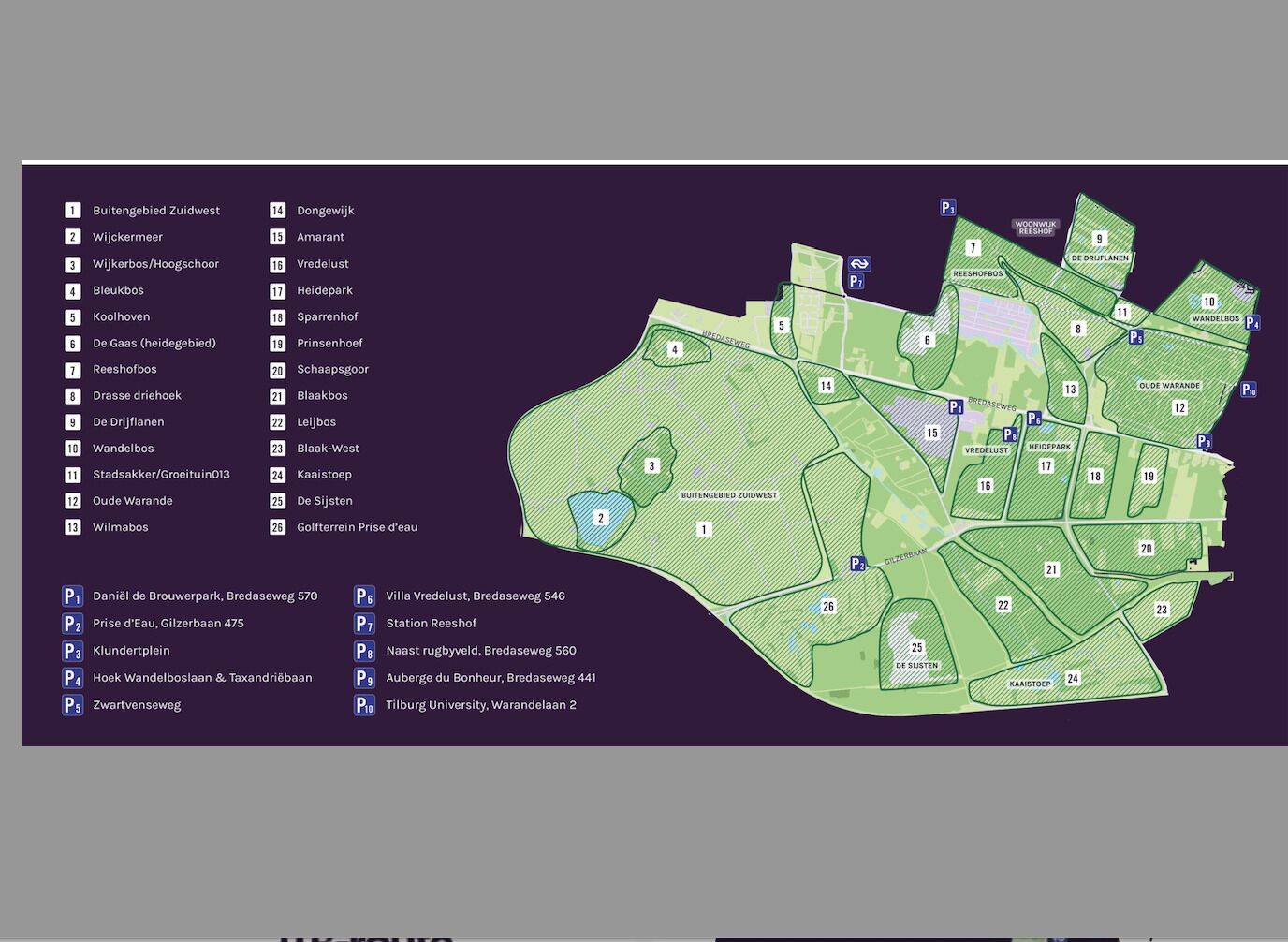 A map of a park with numbered sections and a list of locations.