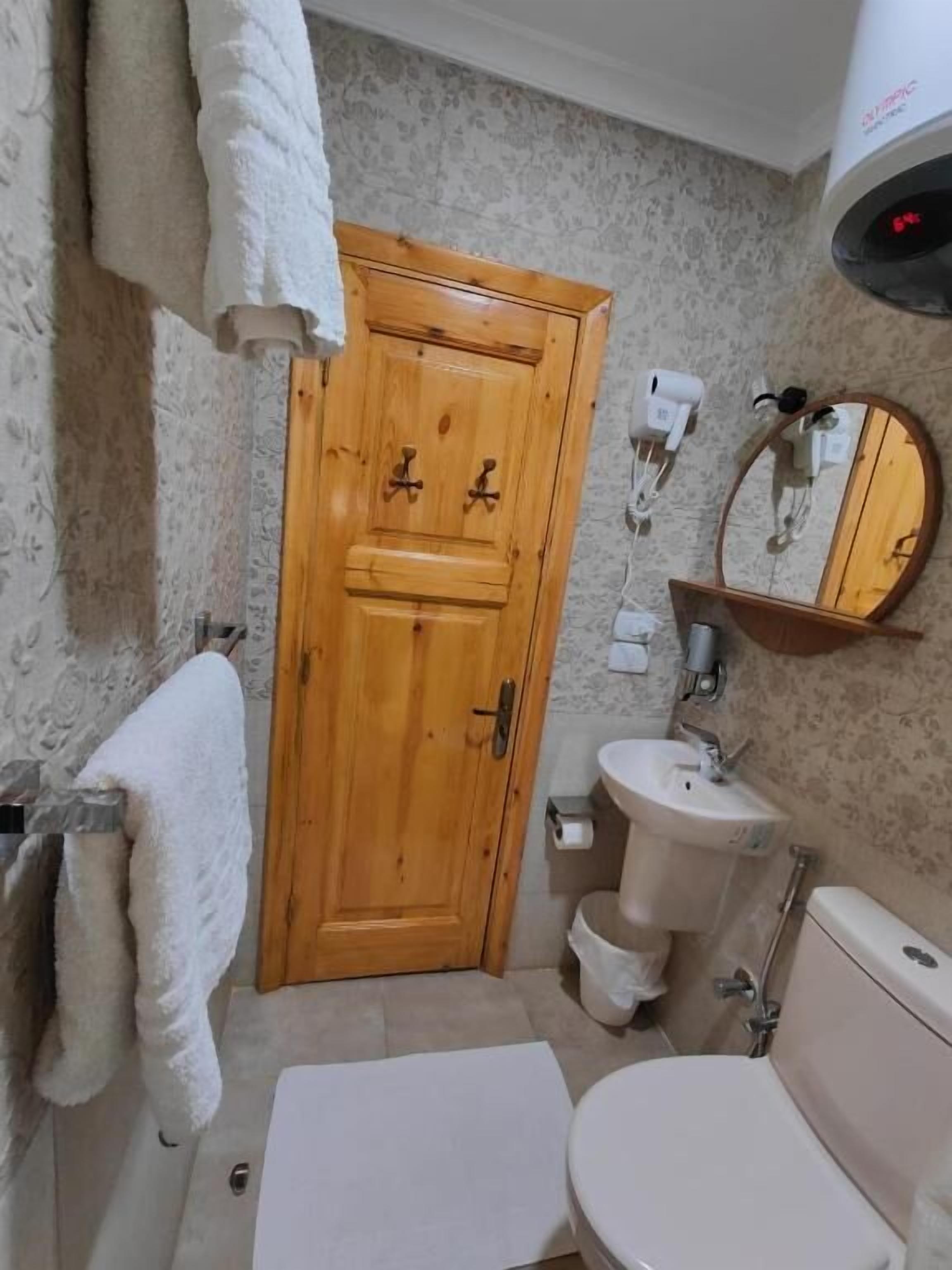 Un bagno con porta in legno, un lavandino, un water e uno specchio.