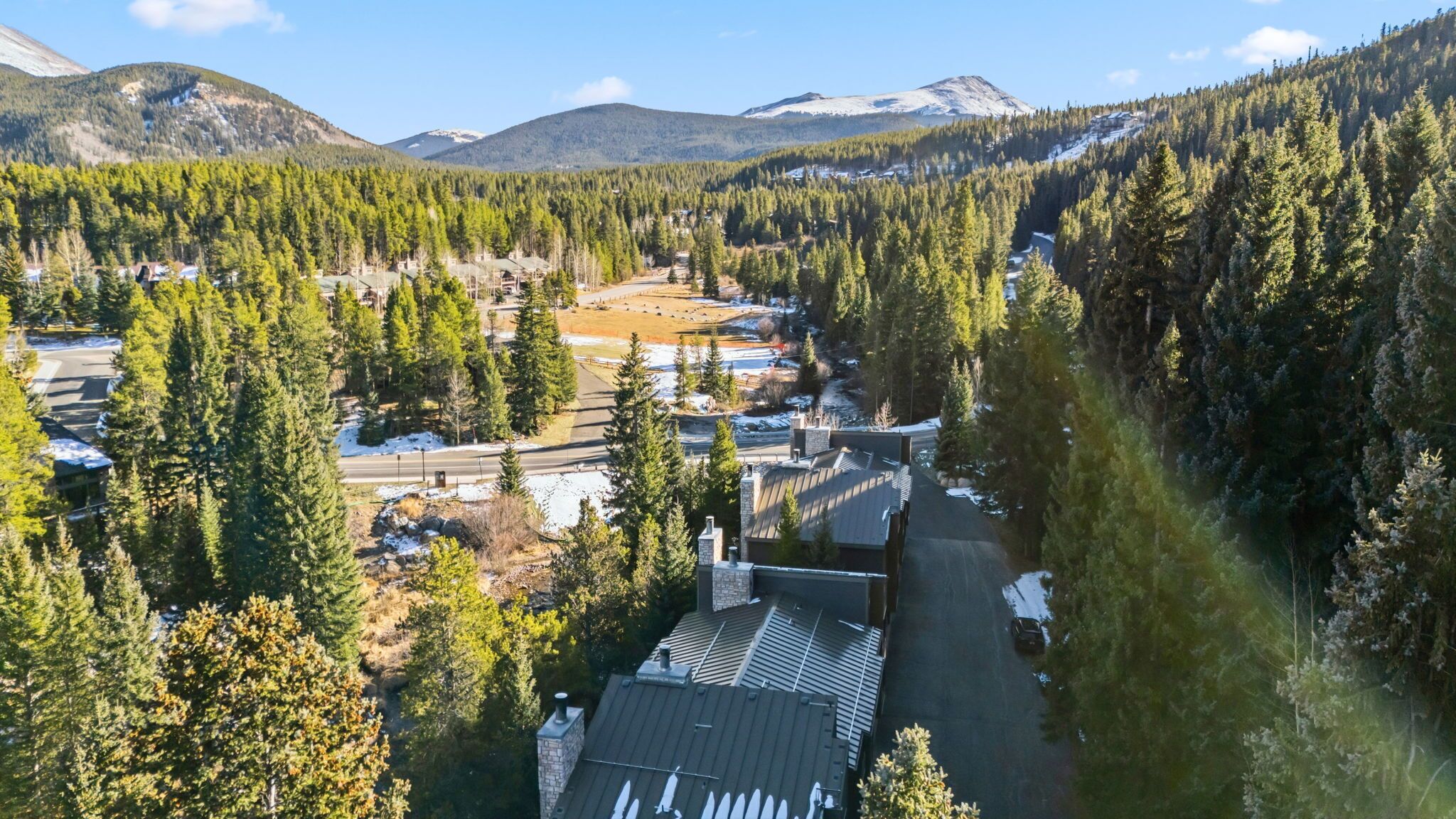 A residential area with houses surrounded by dense forest and mountains in the background.