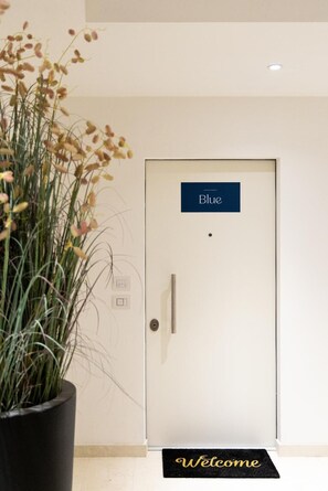 Una porta con l'indicazione 'Blue' e un tappetino d'ingresso.