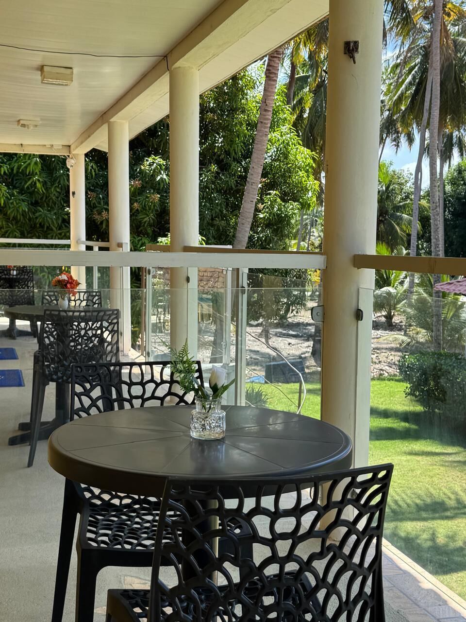 An outdoor patio with a round table and chairs, surrounded by glass railings and palm trees.
