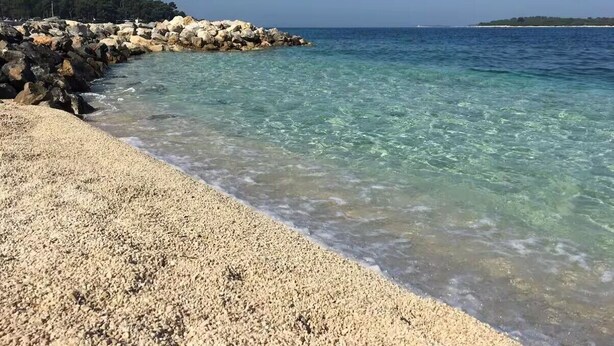 Una playa de guijarros con agua cristalina, un rompeolas rocoso y una masa de tierra cubierta de árboles en la distancia.