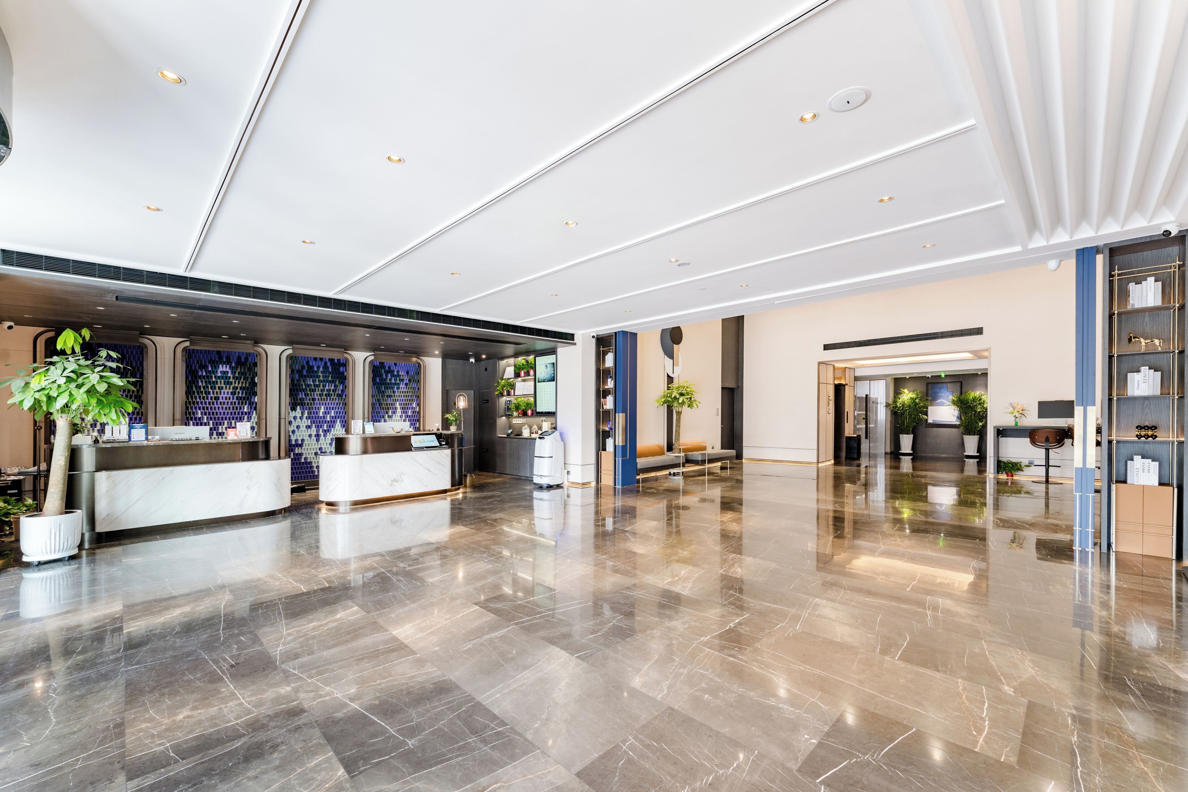 A spacious lobby with a reception desk, seating area, and a large plant.