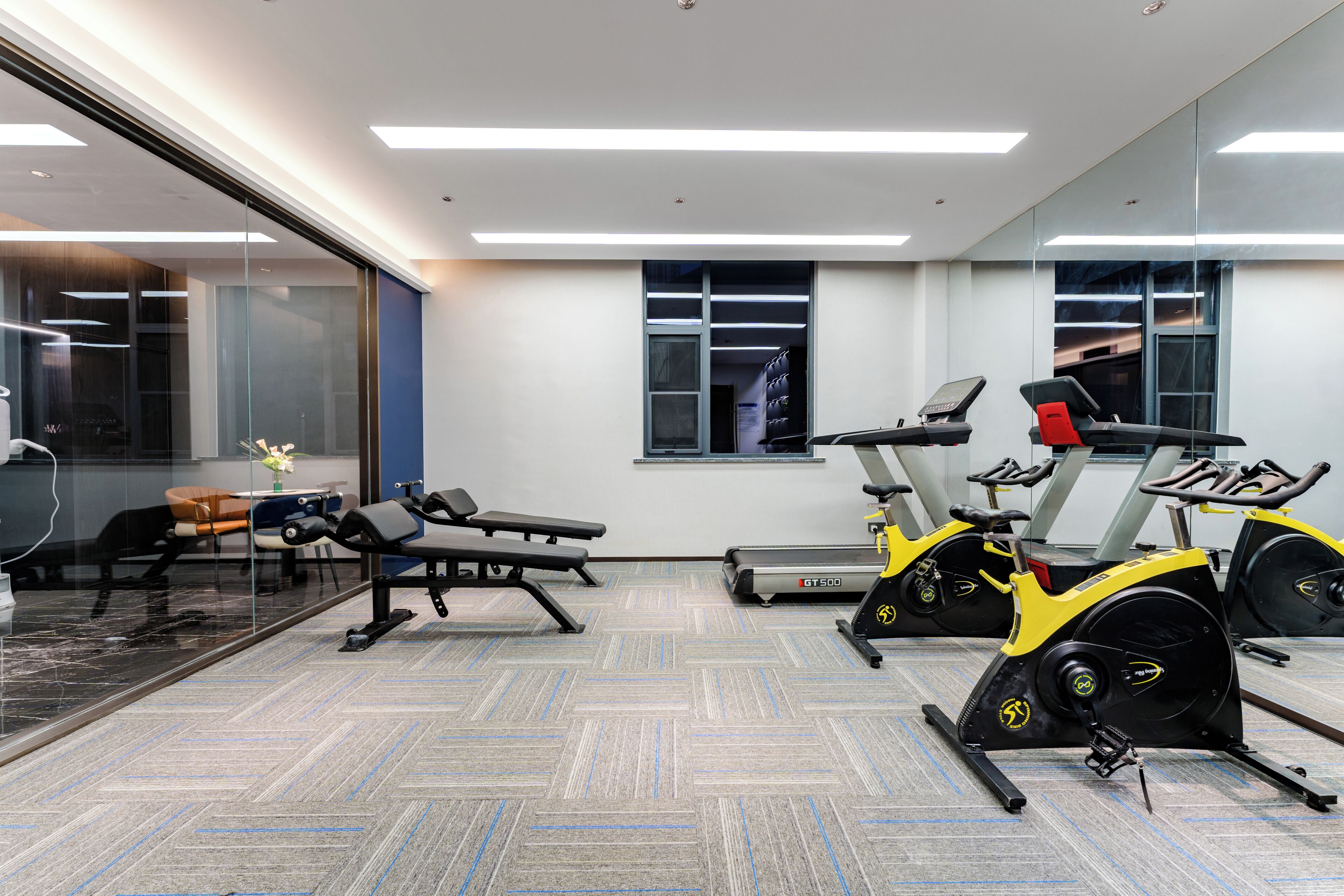 A gym with exercise equipment, a bench, and a treadmill.
