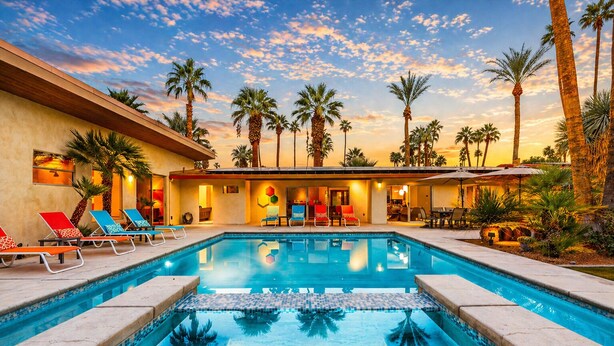 A swimming pool with lounge chairs, palm trees, and a building with a tiled roof. - Amazing Reviews, Perfect 4 Families -Pool, Jacuzzi (Palm Springs)