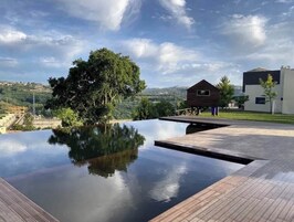 Una piscina infinita moderna con cubierta de madera, rodeada de exuberante vegetación y un cielo despejado.