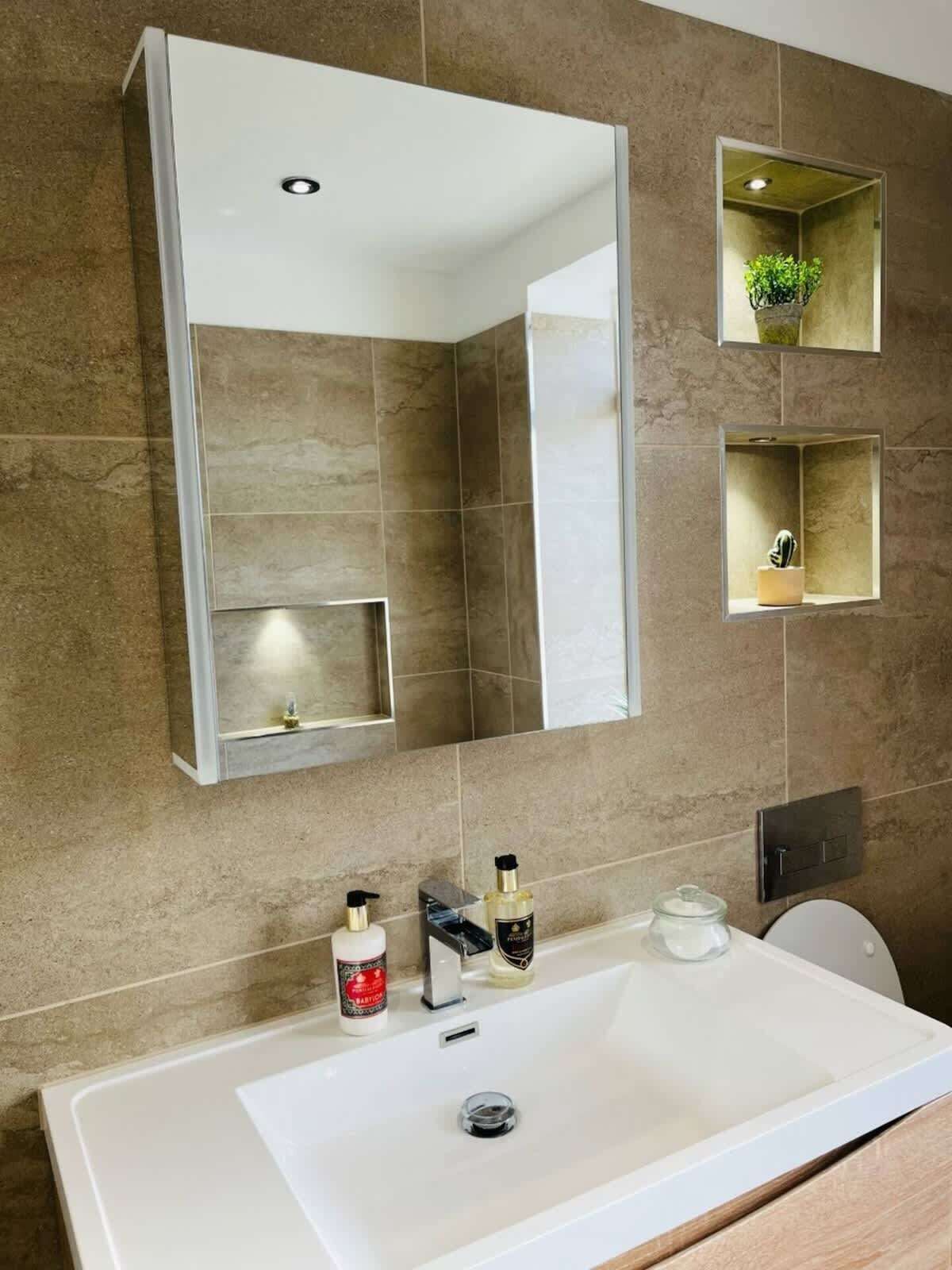 A bathroom with a large mirror, a white sink, and two small shelves with plants.