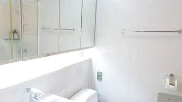 Hair dryer, towels, soap, toilet paper