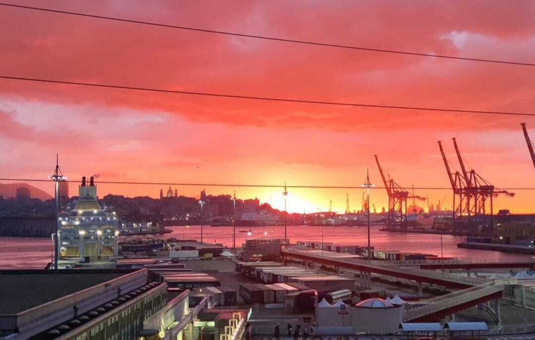 A waterfront cityscape at sunset with industrial cranes and buildings.