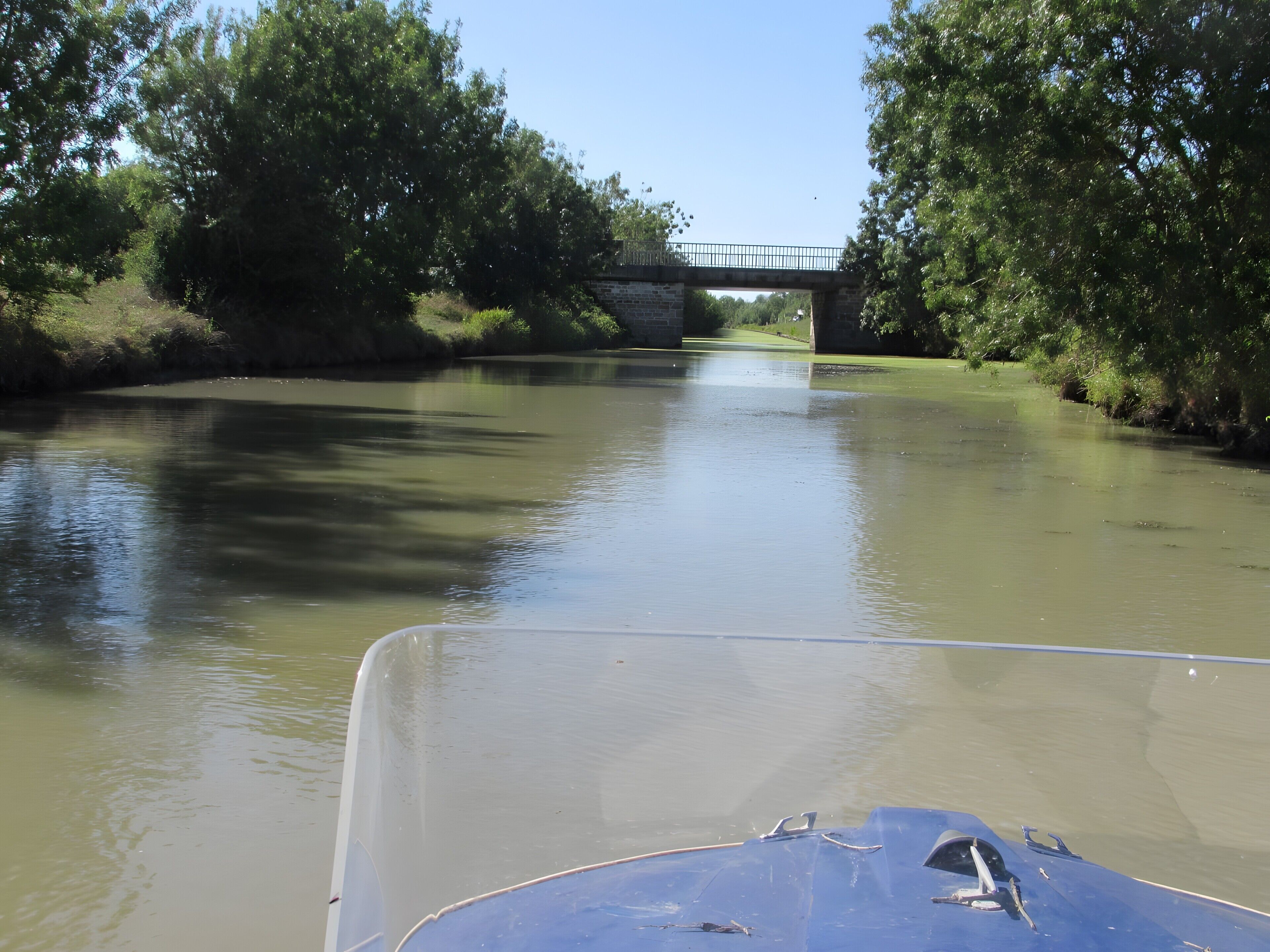 Un río con un puente y árboles a ambos lados.