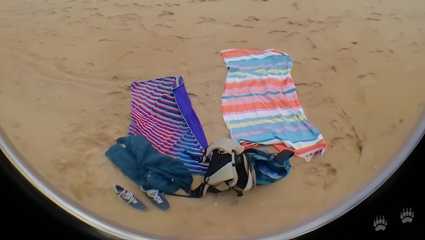Escena de playa con dos toallas y una mochila sobre la arena.