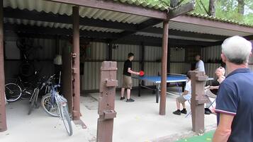 Spazio esterno con tavolo da ping pong, biciclette e un riparo coperto.
