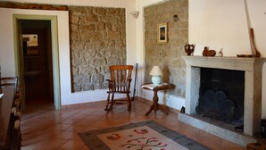 A room with a stone wall, a wooden chair, a fireplace, and a rug. - Cottage 'Stazzu Spadulagliu near Olbia' with Mountain View, Wi-Fi and Air Conditioning (Telti)