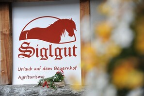 Et skilt med en silhuet af en hest og ordet 'Siglgut' i rød farve, samt tekst nedenunder på tysk.