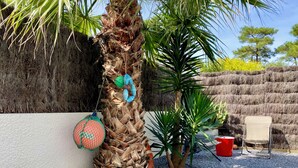 A palm tree with a hammock and a basket against a wall, a chair, and a red bucket on a gravel surface. - Apartment Anglet Chiberta, beaches, surf, golf, parking, air conditioning (Anglet)