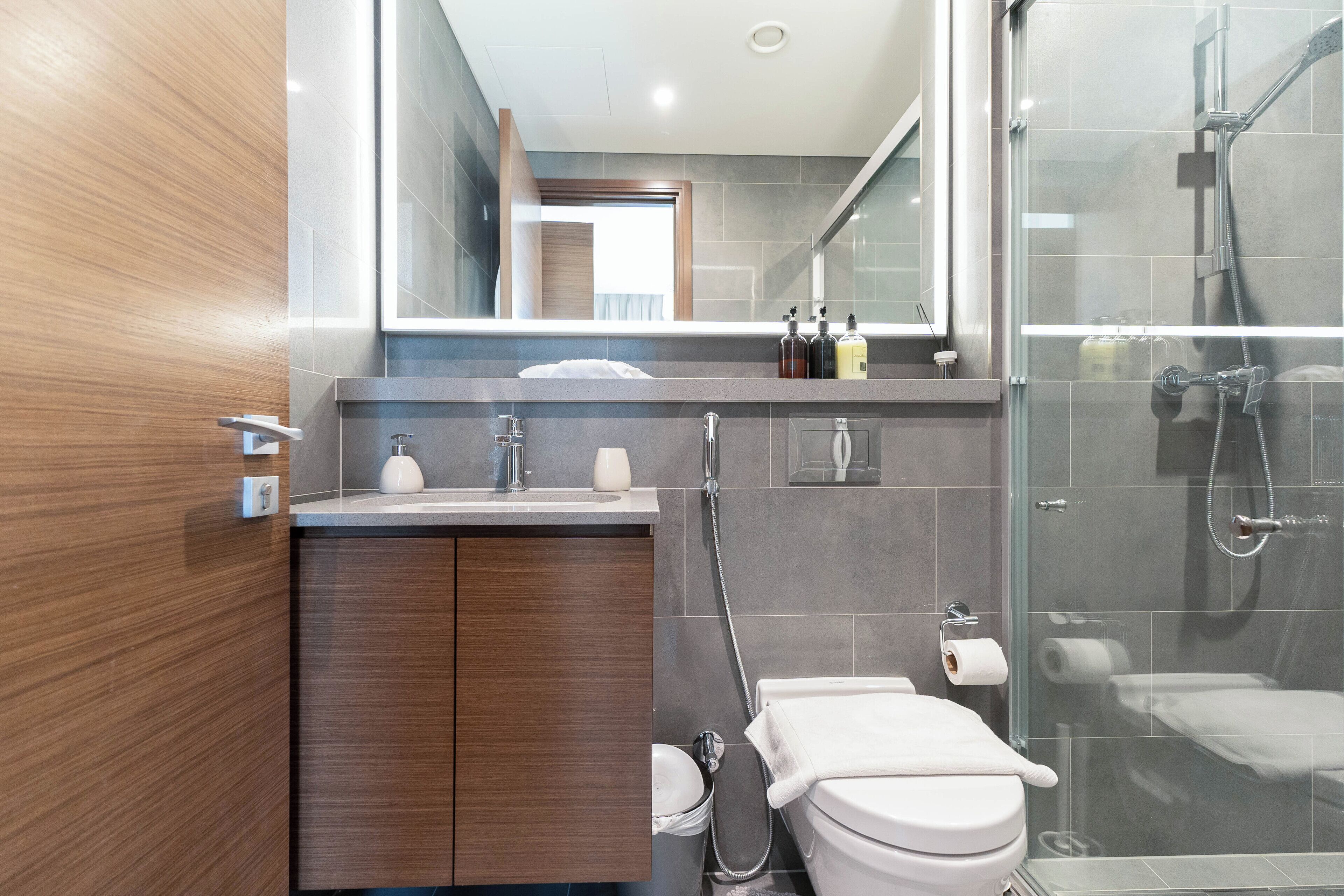 Deluxe Apartment, Balcony, Pool View | Bathroom | Shower, rainfall showerhead, free toiletries, hair dryer