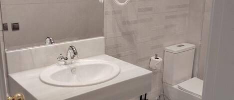 A modern bathroom with a large sink, a toilet, and a towel rack.