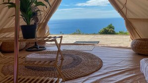 A tent with a bed, a chair, a potted plant, and a view of the ocean.