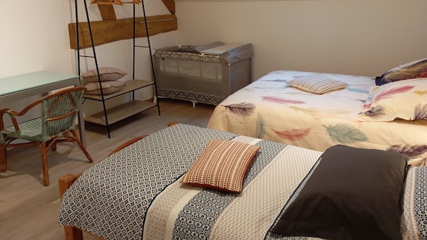 A cozy bedroom with a loft bed, a desk, and a chair.