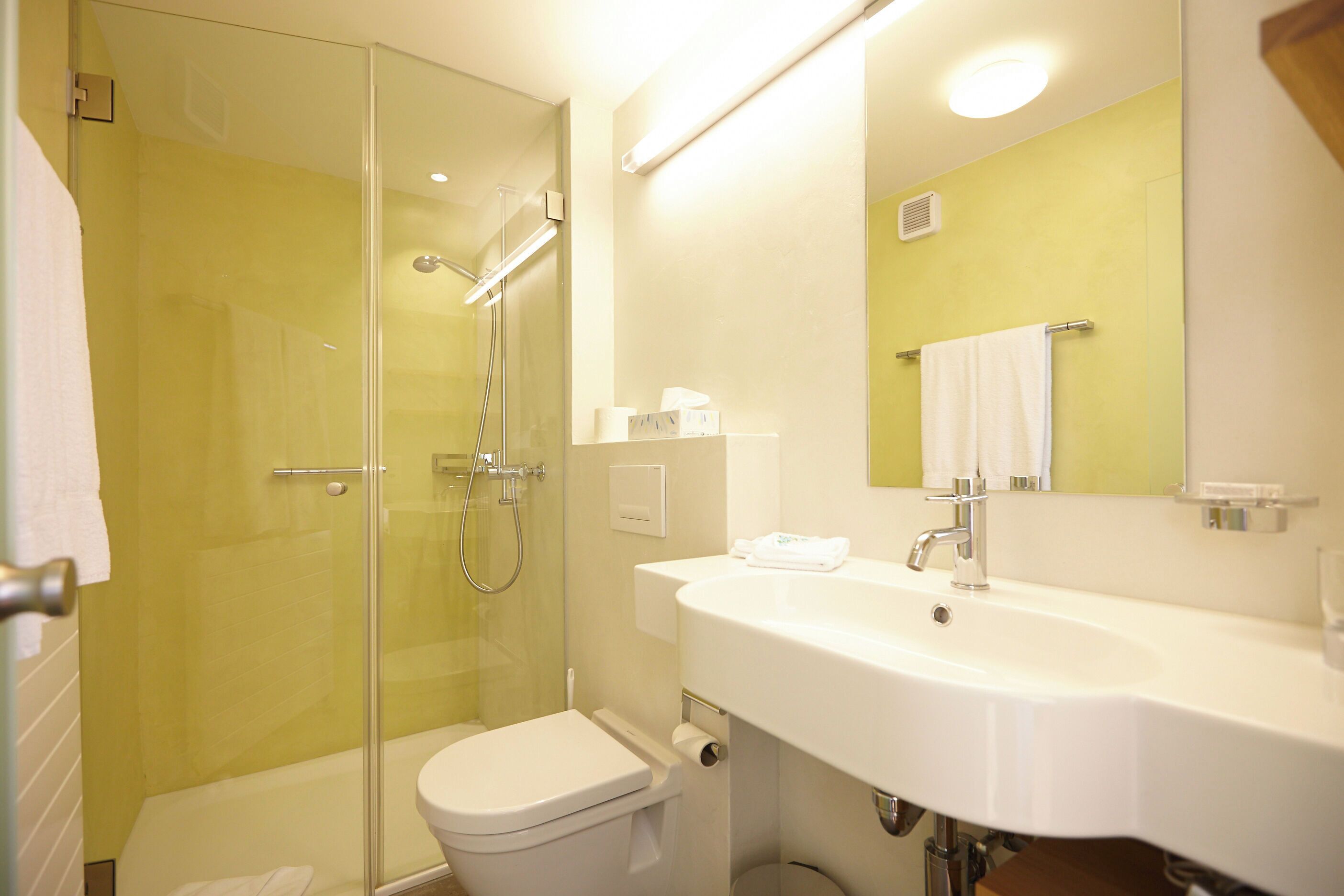 Douche, sèche-cheveux, serviettes fournies, savon