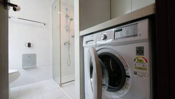 Hair dryer, towels, soap, toilet paper