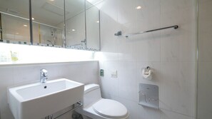 Hair dryer, towels, soap, toilet paper