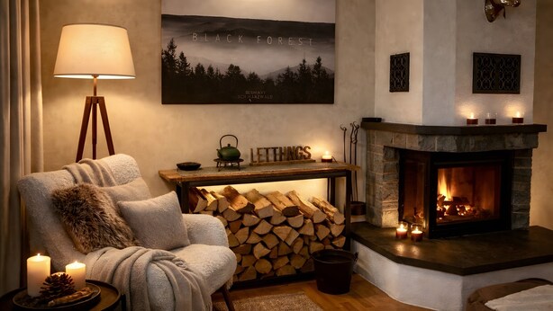 A cozy living room with a fireplace, a comfortable armchair, a lamp, and a framed artwork. - Holiday Home Feldberg in the Black Forest with Mountain Views, Terrace and Wi-Fi (Feldberg-Falkau)