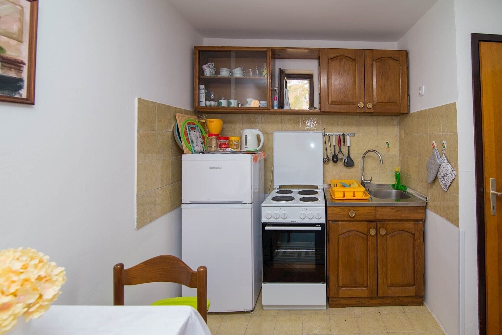 Fridge, oven, stovetop, cookware/dishes/utensils