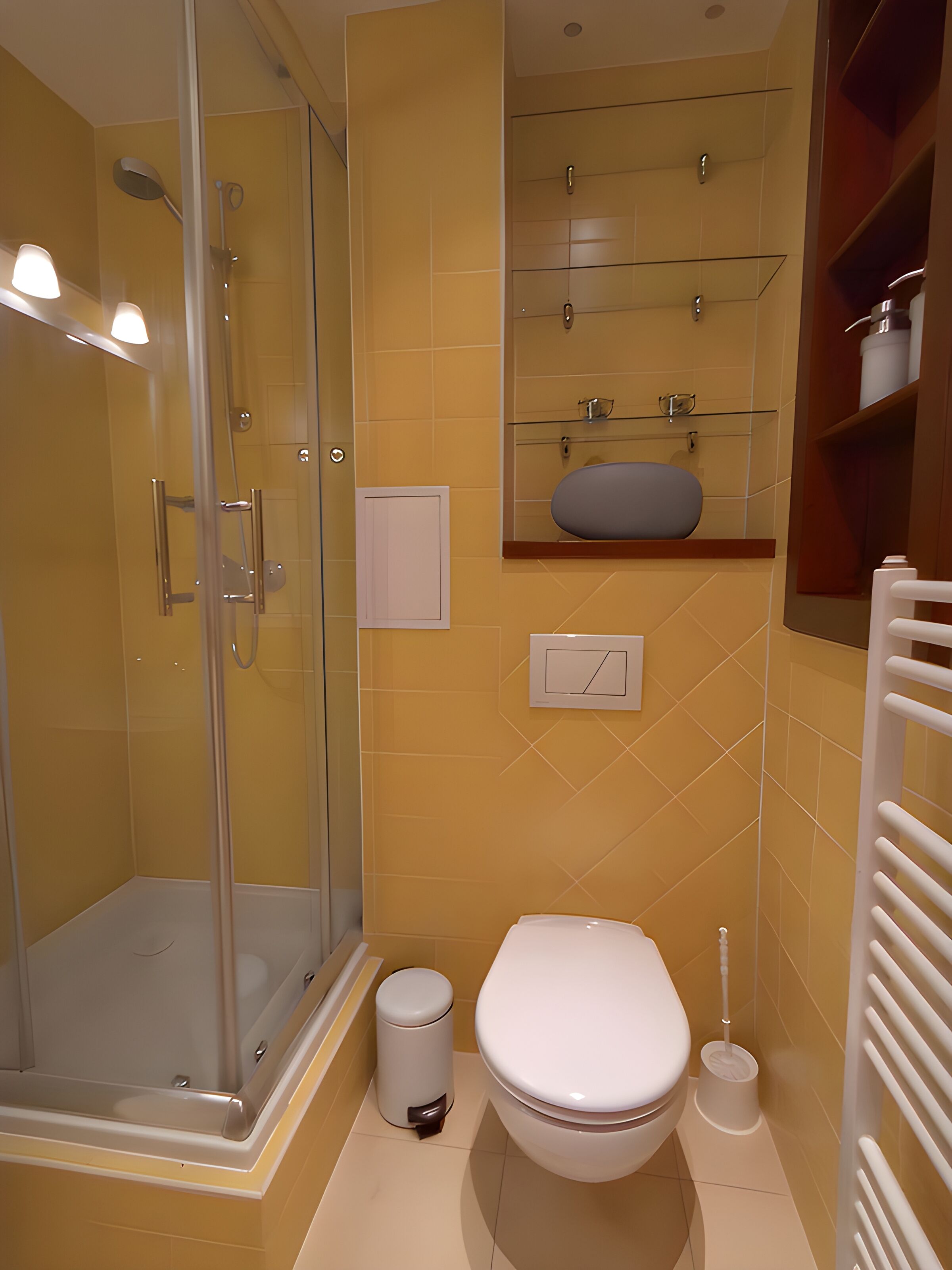 Une salle de bain moderne avec une douche à parois de verre, des toilettes, un bidet et un lavabo avec un miroir au-dessus.