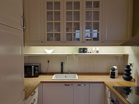 Kühlschrank, Mikrowelle, Ofen, Herdplatte. Apartment with Cathedral View in Hradec Králové