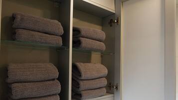 Hair dryer, towels, soap, toilet paper