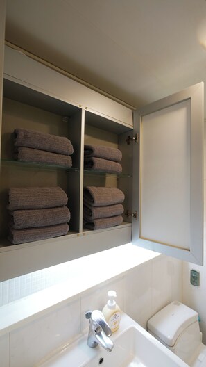 Hiustenkuivaaja, pyyhkeet, saippua, vessapaperi