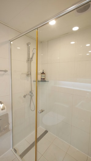 Secadora de cabello, toallas, jabón, papel de baño