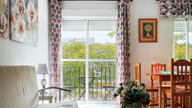 A room with a sofa, a dining table with chairs, a potted plant, and a balcony with a view of trees.