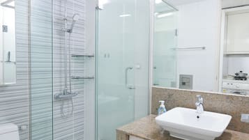 Hair dryer, towels, soap, toilet paper