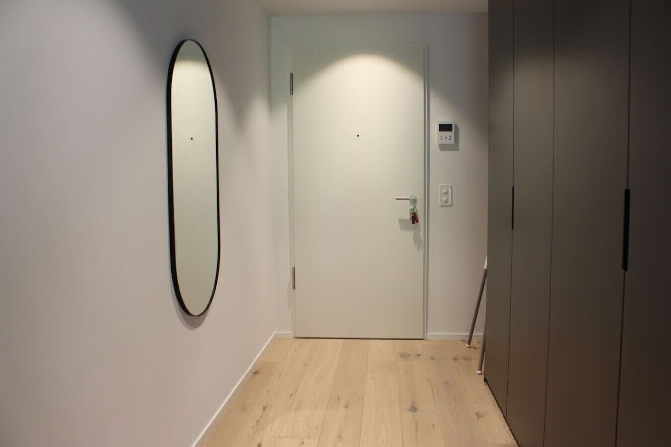 Un couloir avec un plancher en bois, une porte blanche et un miroir fixé au mur.